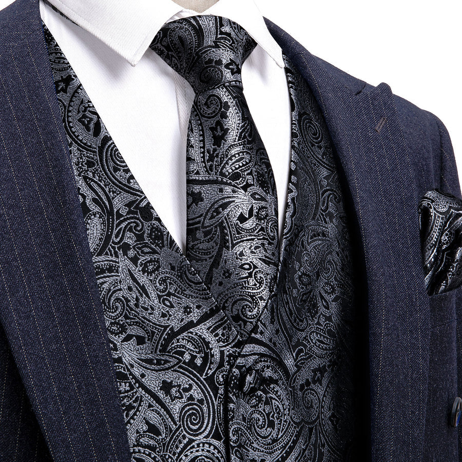 New Silver and Black Paisley Vest Set vest set S (Chest 40") - Sophisticated Gentlemen