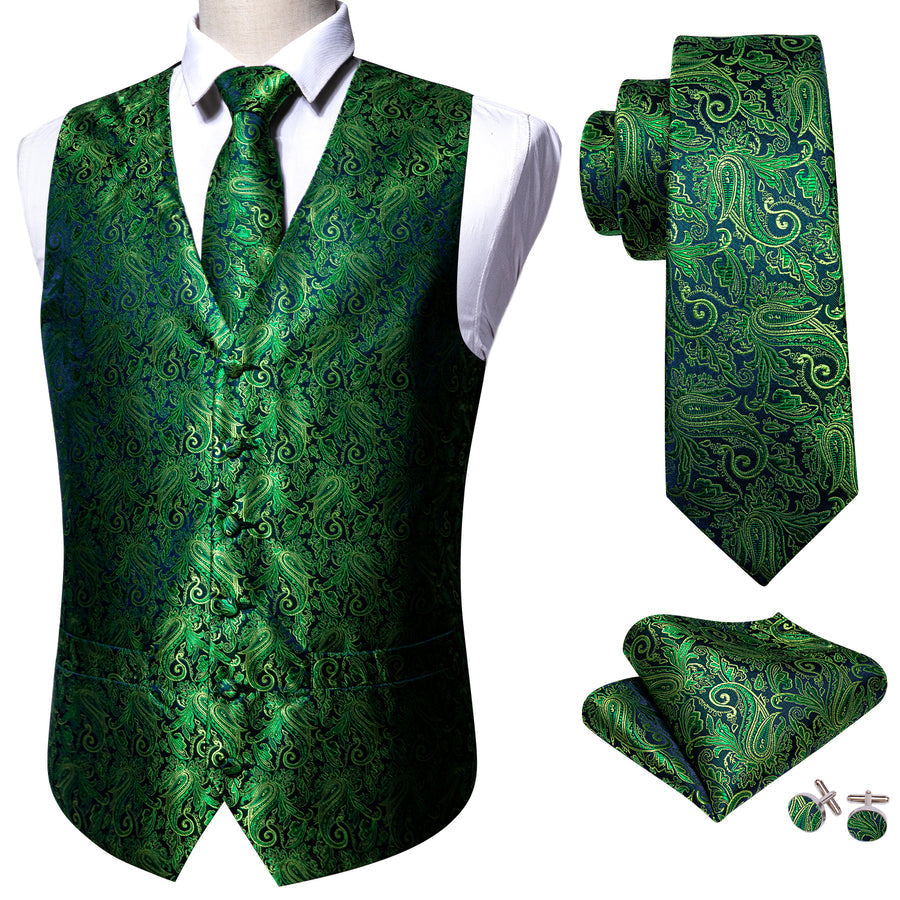 Blue Green Paisley Jacquard Silk Vest Set vest set - Sophisticated Gentlemen