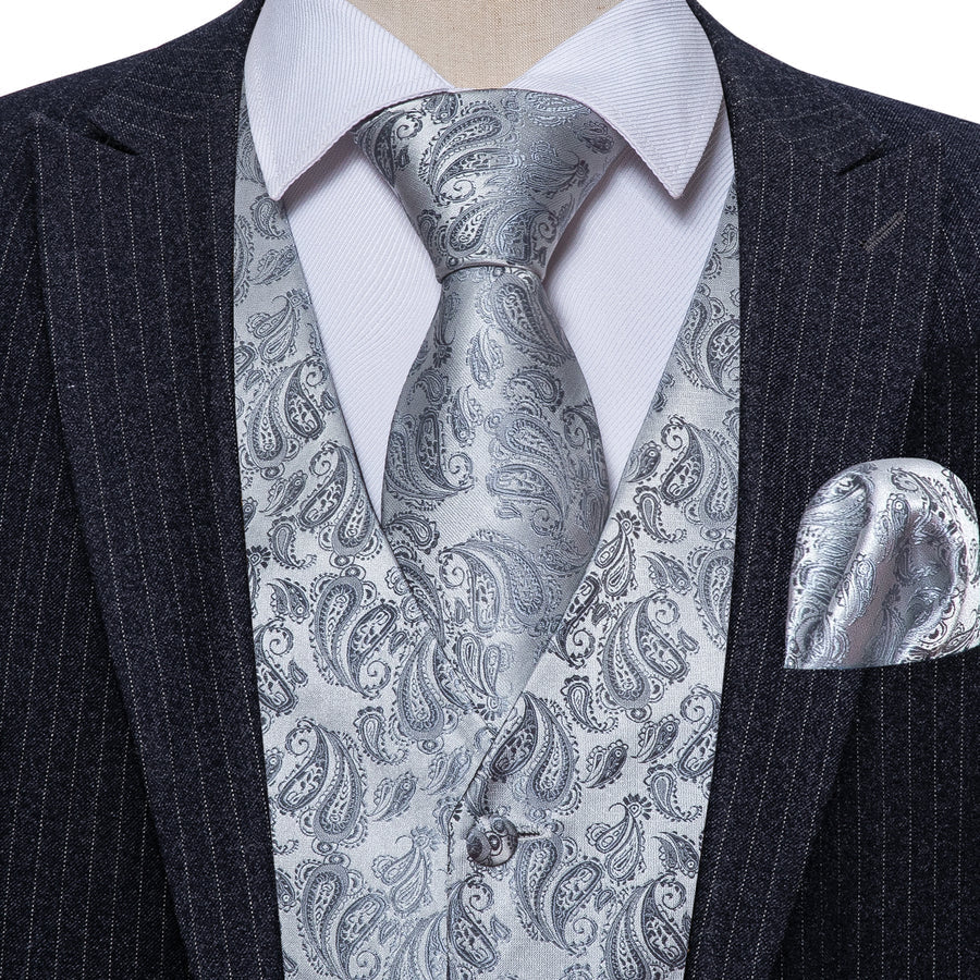 Silver Grey Paisley Jacquard Silk Vest Set vest set - Sophisticated Gentlemen
