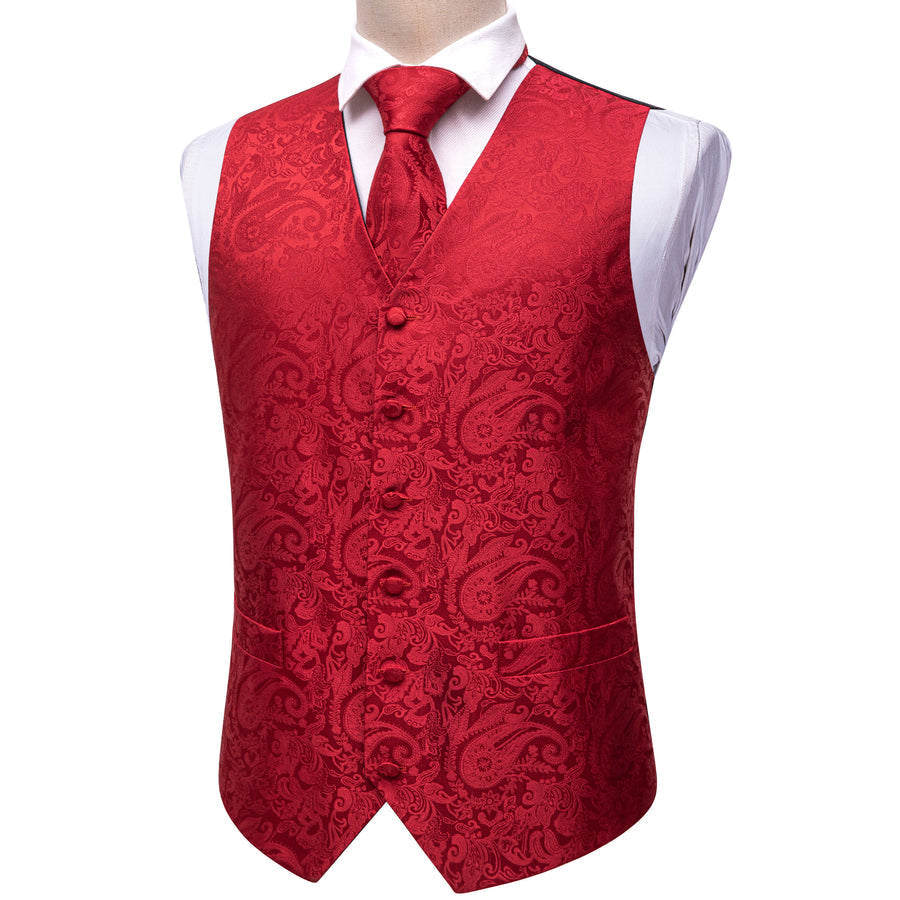 Classic Red Paisley Jacquard Silk Vest Set vest set - Sophisticated Gentlemen