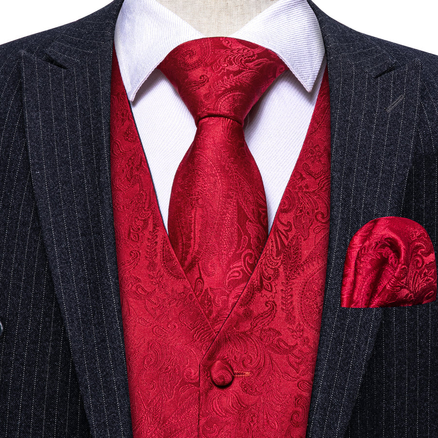 Classic Red Paisley Jacquard Silk Vest Set vest set - Sophisticated Gentlemen