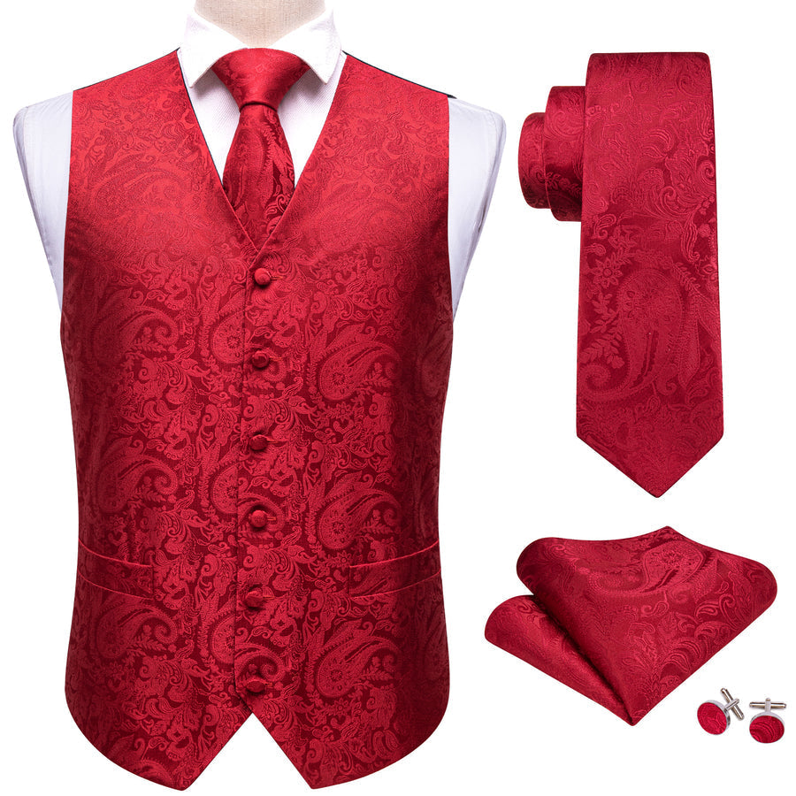 Classic Red Paisley Jacquard Silk Vest Set vest set - Sophisticated Gentlemen
