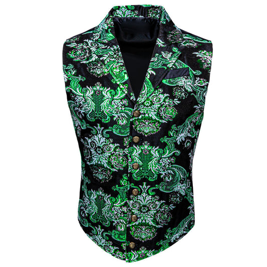 Black Mint Green Floral Jacquard Men's Collar Victorian Suit Vest Set vest set S (Chest 40")   - Sophisticated Gentlemen