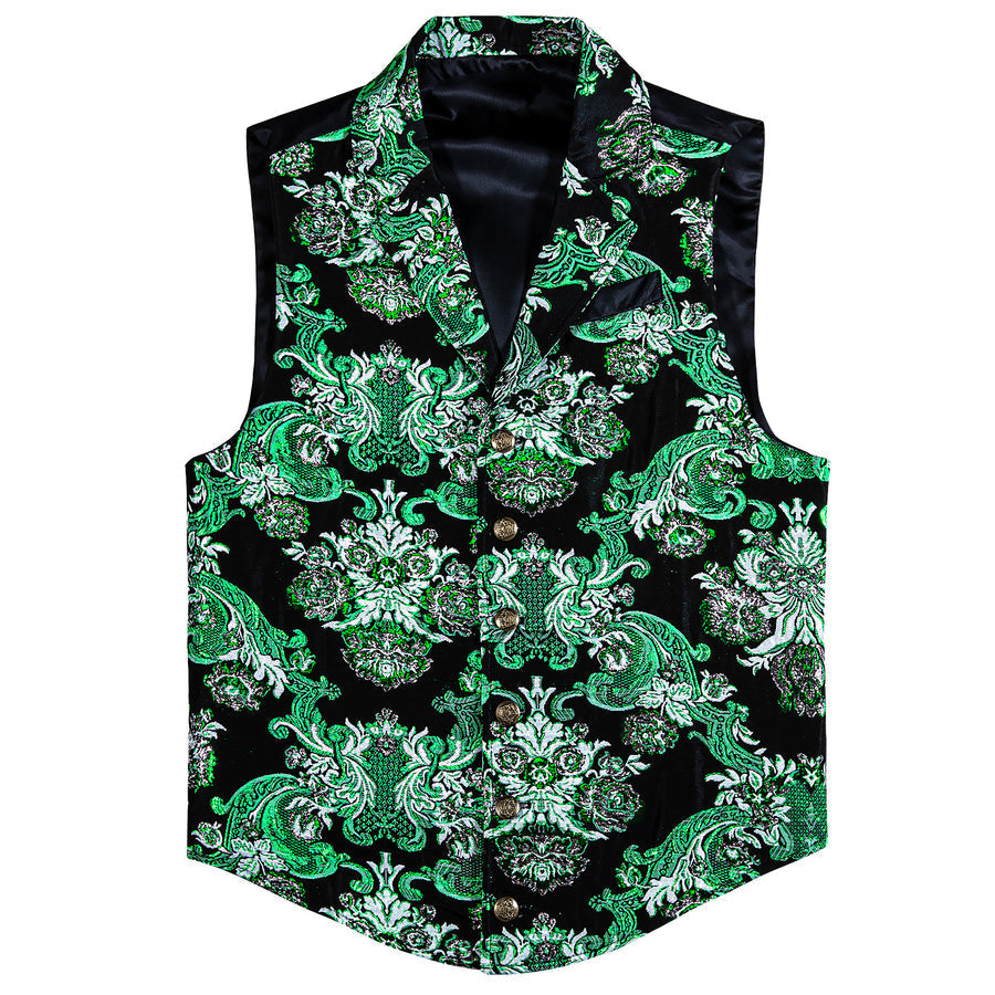 Black Mint Green Floral Jacquard Men's Collar Victorian Suit Vest Set vest set - Sophisticated Gentlemen