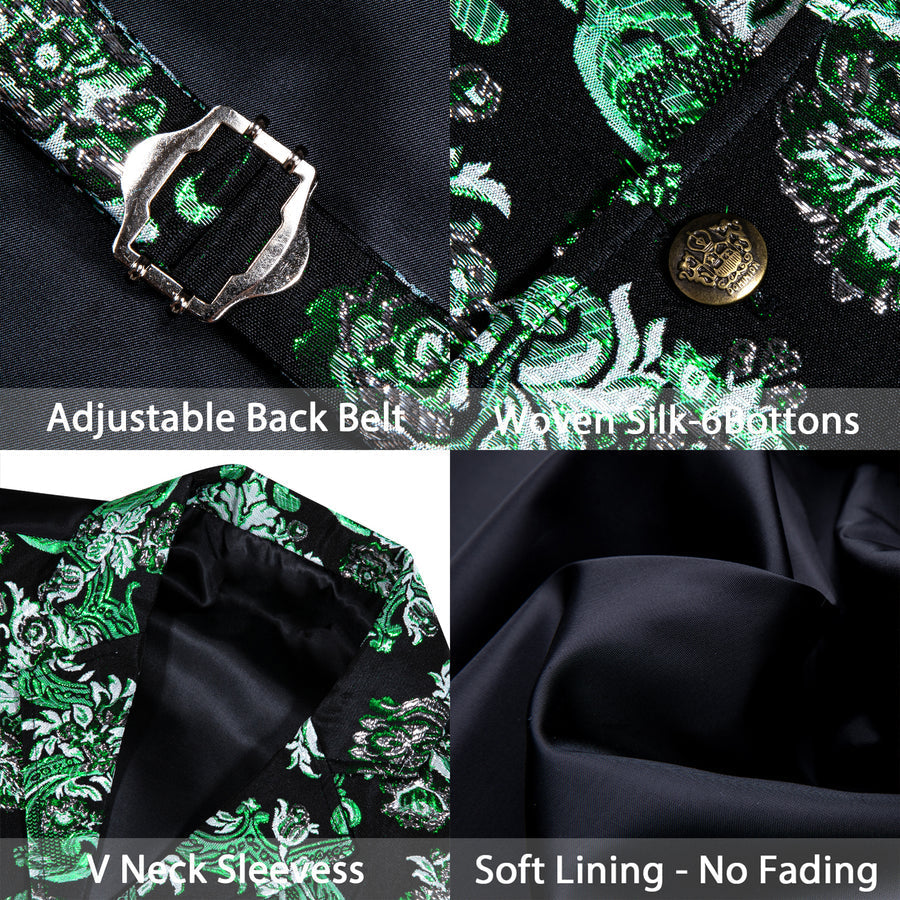 Black Mint Green Floral Jacquard Men's Collar Victorian Suit Vest Set vest set - Sophisticated Gentlemen