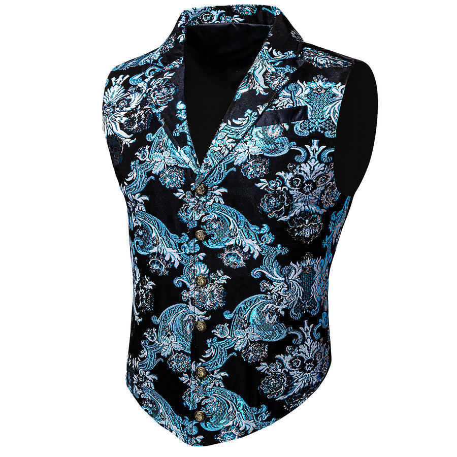 Notched Collar Black Sky Blue Floral Jacquard Men's Victorian Suit Vest Set vest set - Sophisticated Gentlemen