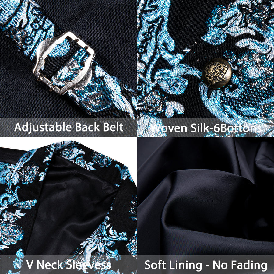 Notched Collar Black Sky Blue Floral Jacquard Men's Victorian Suit Vest Set vest set - Sophisticated Gentlemen