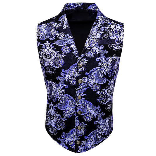 Black Purple Floral Jacquard Men's Collar Victorian Suit Vest Set vest set S (Chest 40")   - Sophisticated Gentlemen