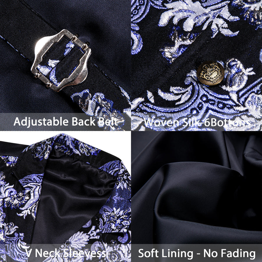Black Purple Floral Jacquard Men's Collar Victorian Suit Vest Set vest set - Sophisticated Gentlemen