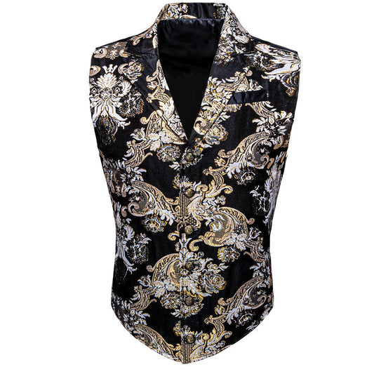 Black Champagne Floral Jacquard Men's Collar Victorian Suit Vest Set vest set S (Chest 40")   - Sophisticated Gentlemen