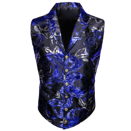 Black Blue Novelty Jacquard Men's Collar Victorian Suit Vest Set vest set S (Chest 40")   - Sophisticated Gentlemen