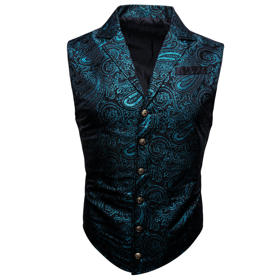Blue Green Paisley Jacquard Men's Collar Victorian Suit Vest Set vest set - Sophisticated Gentlemen