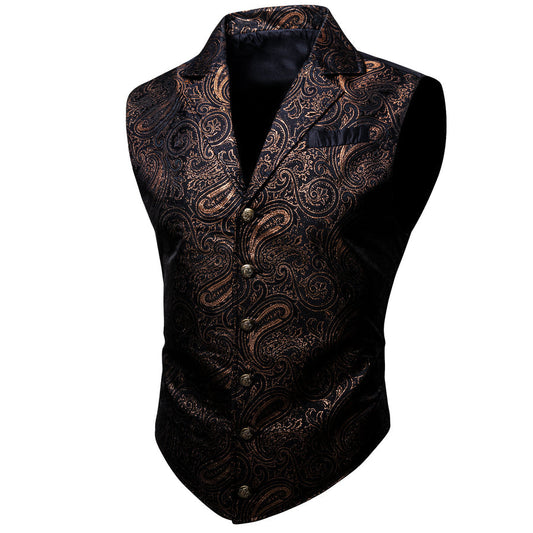 Black Brown Paisley Jacquard Men's Collar Victorian Suit Vest Set vest set S (Chest 40")   - Sophisticated Gentlemen