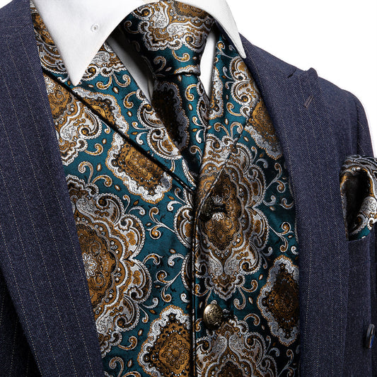 Indigo Blue Brown Novelty Metal Button Jacquard Silk Men's Vest Set vest set S (Chest 40")   - Sophisticated Gentlemen