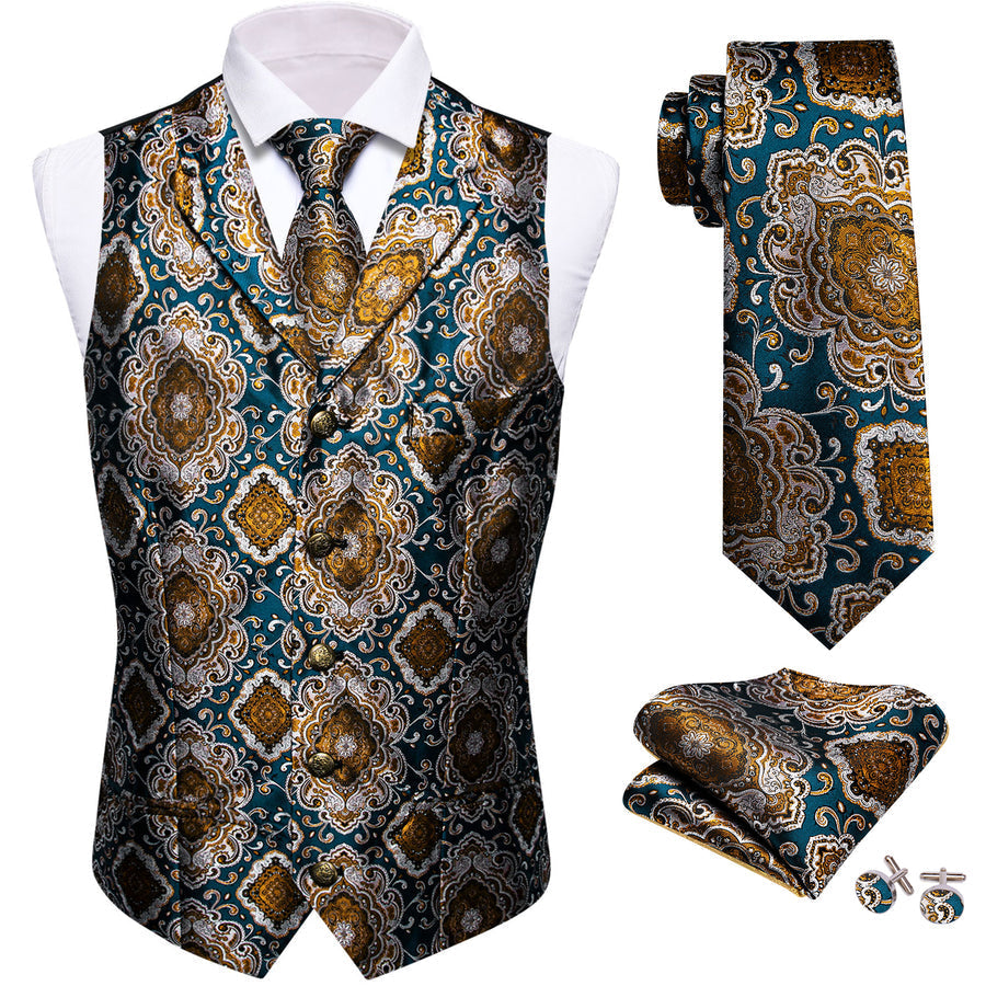 Indigo Blue Brown Novelty Metal Button Jacquard Silk Men's Vest Set vest set - Sophisticated Gentlemen