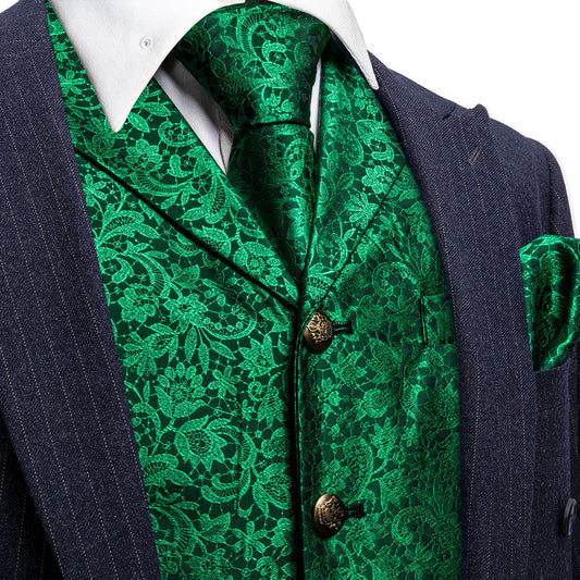 Green Paisley Metal Button Jacquard Silk Men's Vest Set vest set S (Chest 40")   - Sophisticated Gentlemen