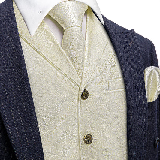 Beige White Champagne Floral Collar Jacquard Silk Vest Set vest set S (Chest 40")   - Sophisticated Gentlemen