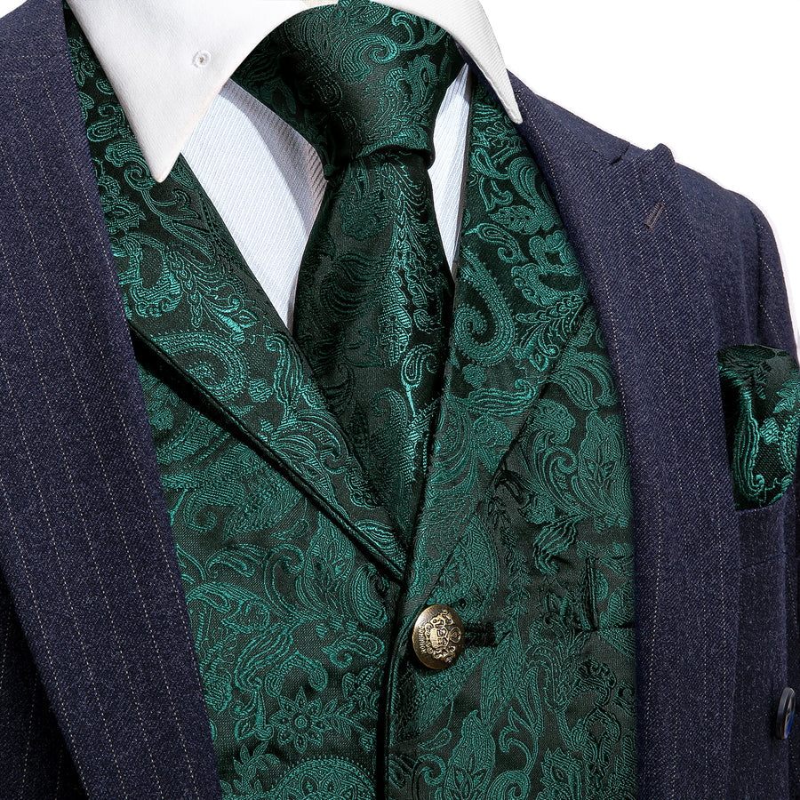 Dark Green Paisley Silk Vest Set with Metal Buttons vest set S (Chest 40") - Sophisticated Gentlemen
