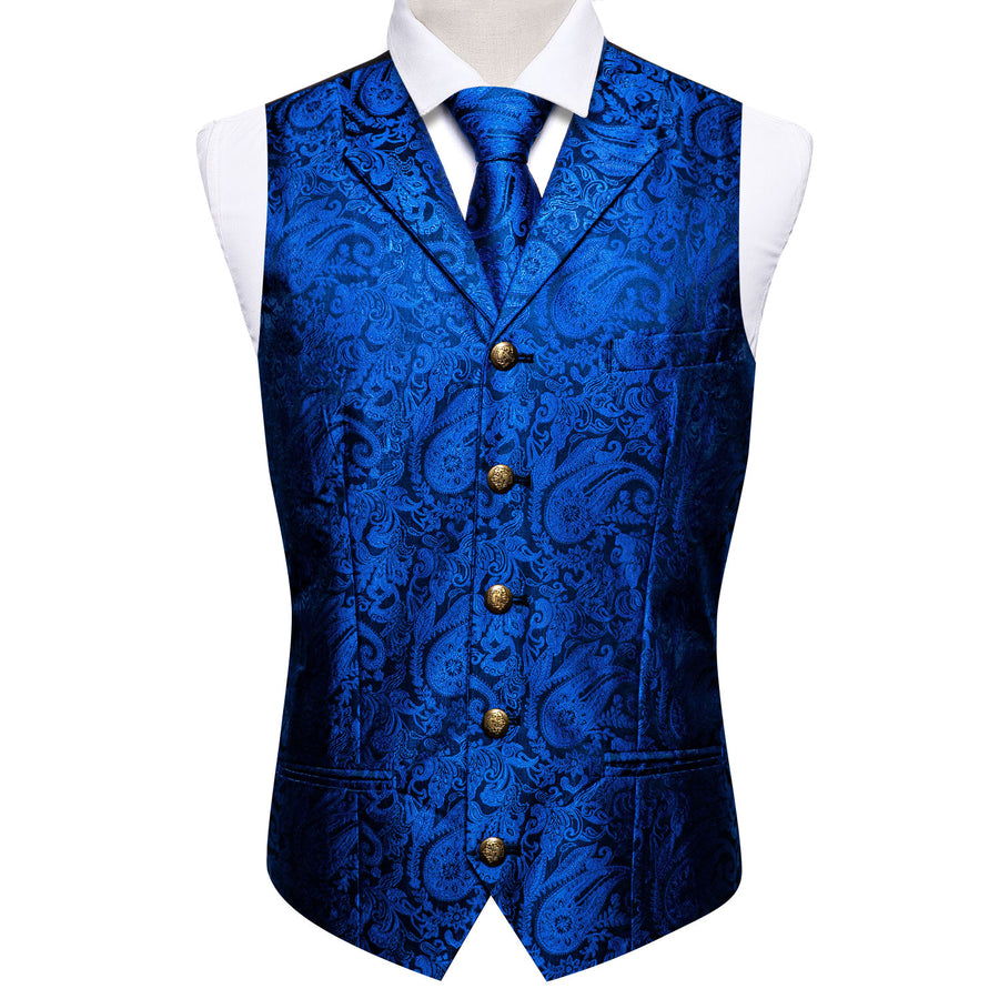 Blue Paisley Metal Button Jacquard Silk Vest Set vest set - Sophisticated Gentlemen