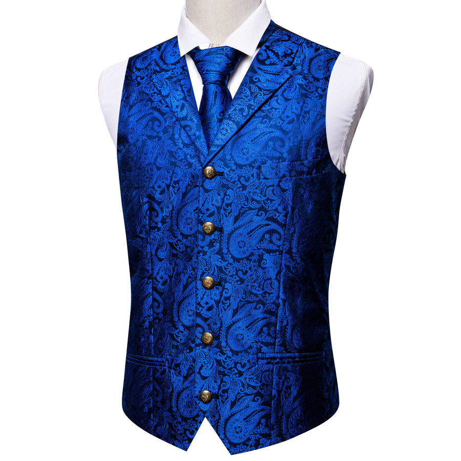 Blue Paisley Metal Button Jacquard Silk Vest Set vest set - Sophisticated Gentlemen