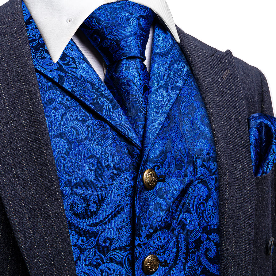Blue Paisley Metal Button Jacquard Silk Vest Set vest set S (Chest 40") - Sophisticated Gentlemen