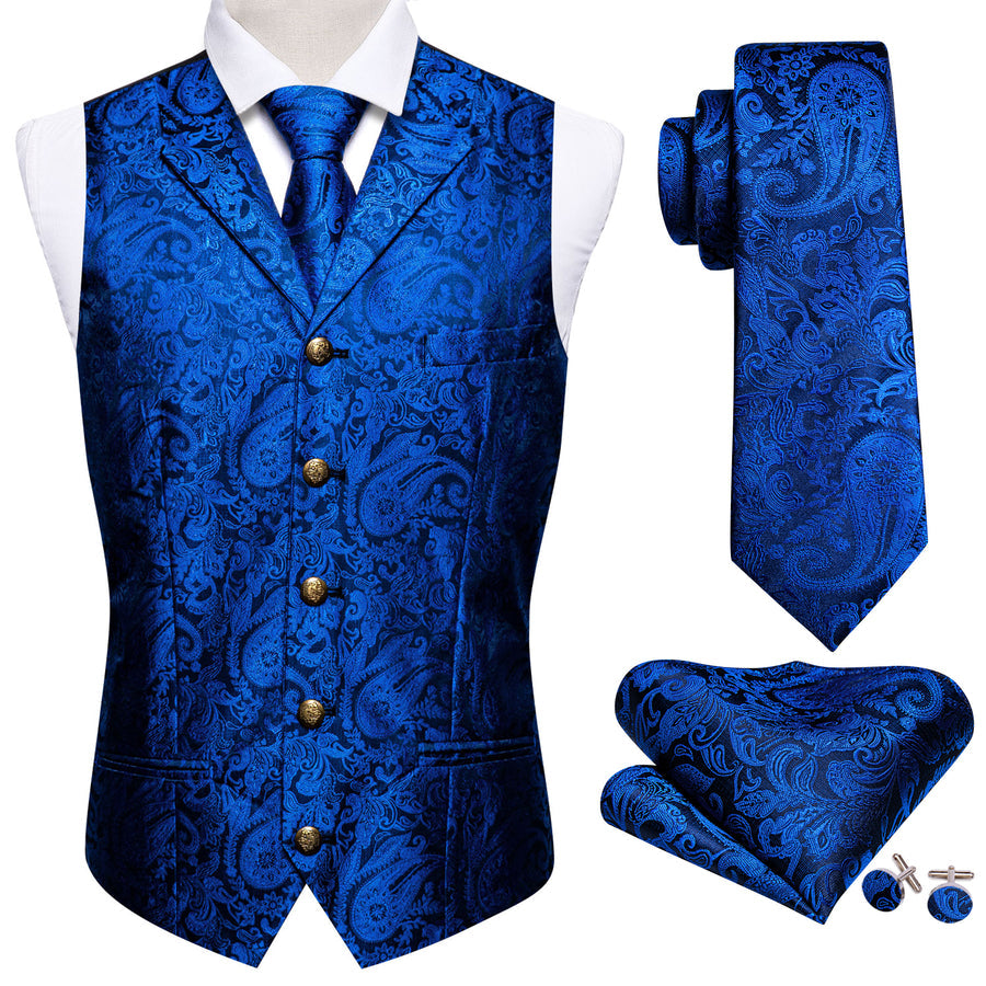 Blue Paisley Metal Button Jacquard Silk Vest Set vest set - Sophisticated Gentlemen