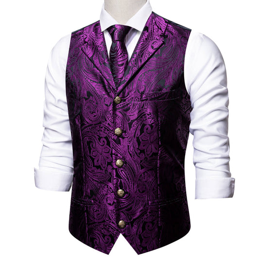 Black Purple Paisley Metal Button Jacquard Silk Men's Vest Set vest set S (Chest 40")   - Sophisticated Gentlemen