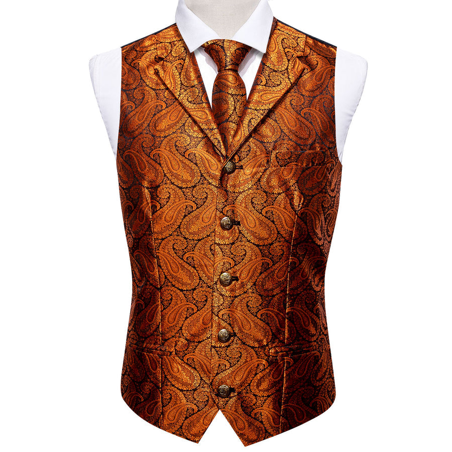 Orange Paisley Silk Vest Set with Metal Buttons vest set - Sophisticated Gentlemen