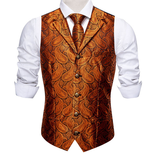 Orange Paisley Silk Vest Set with Metal Buttons vest set    - Sophisticated Gentlemen