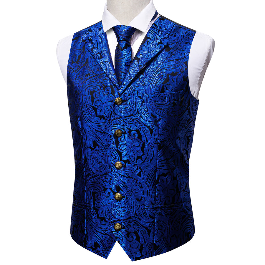 Royal Blue Paisley Jacquard Silk Vest Set with Metal Accents vest set - Sophisticated Gentlemen