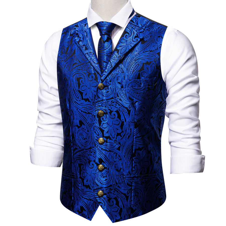 Royal Blue Paisley Jacquard Silk Vest Set with Metal Accents vest set S (Chest 40") - Sophisticated Gentlemen