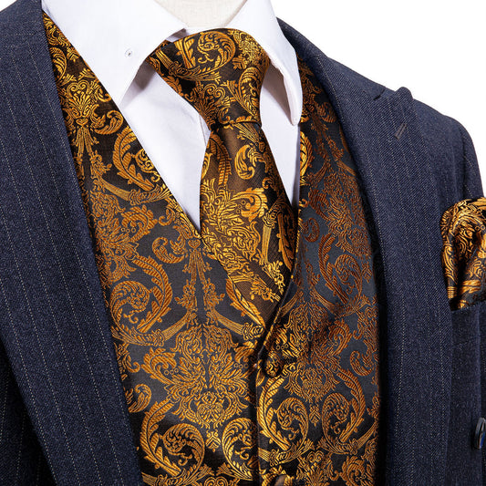 Golden Brown Paisley Jacquard Silk Men's Vest Set vest set S (Chest 40")   - Sophisticated Gentlemen