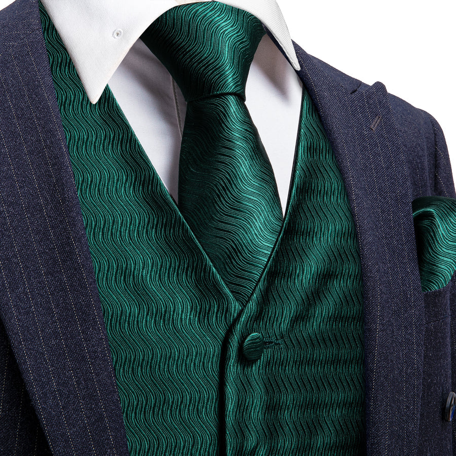 Dark Green Striped Jacquard Silk Vest Set vest set S (Chest 40") - Sophisticated Gentlemen