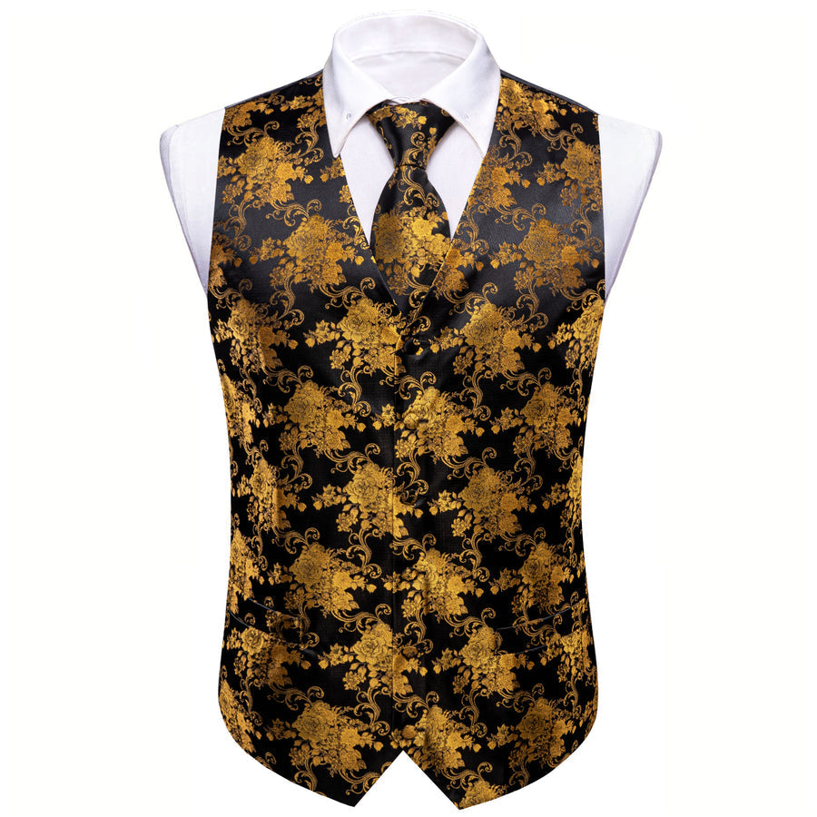 Black and Gold Peony Floral Jacquard Silk Vest Set - 4 piece vest set - Sophisticated Gentlemen