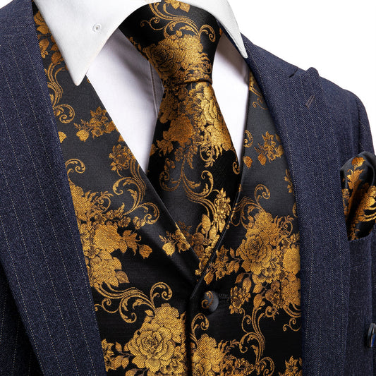 Black and Gold Peony Floral Jacquard Silk Vest Set - 4 piece vest set S (Chest 40")   - Sophisticated Gentlemen