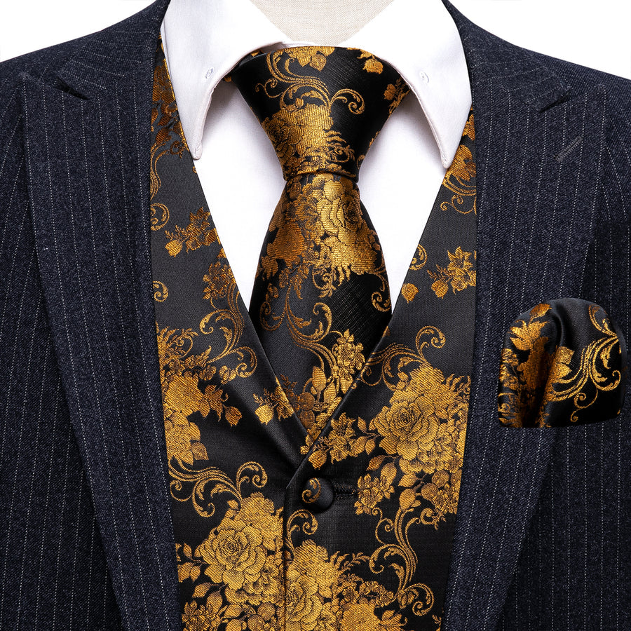 Black and Gold Peony Floral Jacquard Silk Vest Set - 4 piece vest set - Sophisticated Gentlemen