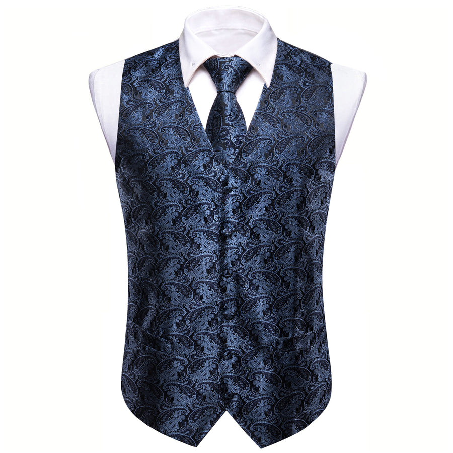 Dark Blue Paisley Jacquard Silk Vest Set vest set - Sophisticated Gentlemen