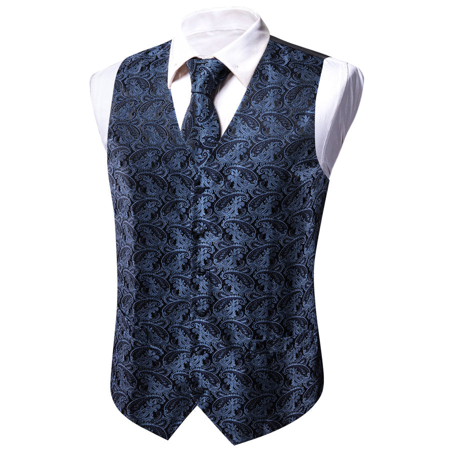 Dark Blue Paisley Jacquard Silk Vest Set vest set - Sophisticated Gentlemen