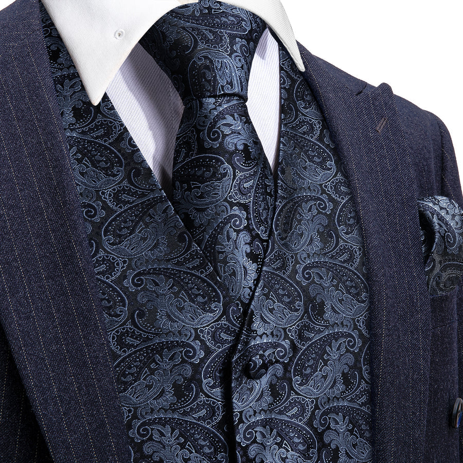 Dark Blue Paisley Jacquard Silk Vest Set vest set S (Chest 40") - Sophisticated Gentlemen