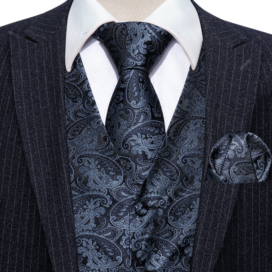 Dark Blue Paisley Jacquard Silk Vest Set vest set - Sophisticated Gentlemen