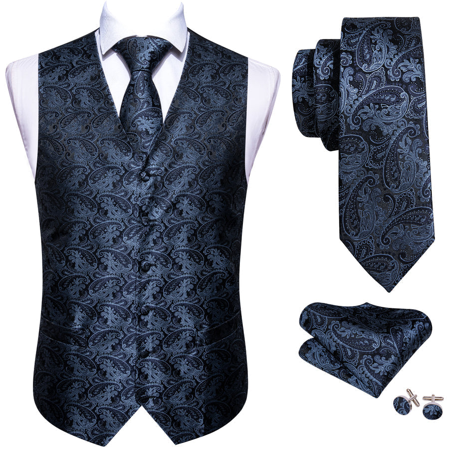 Dark Blue Paisley Jacquard Silk Vest Set vest set - Sophisticated Gentlemen