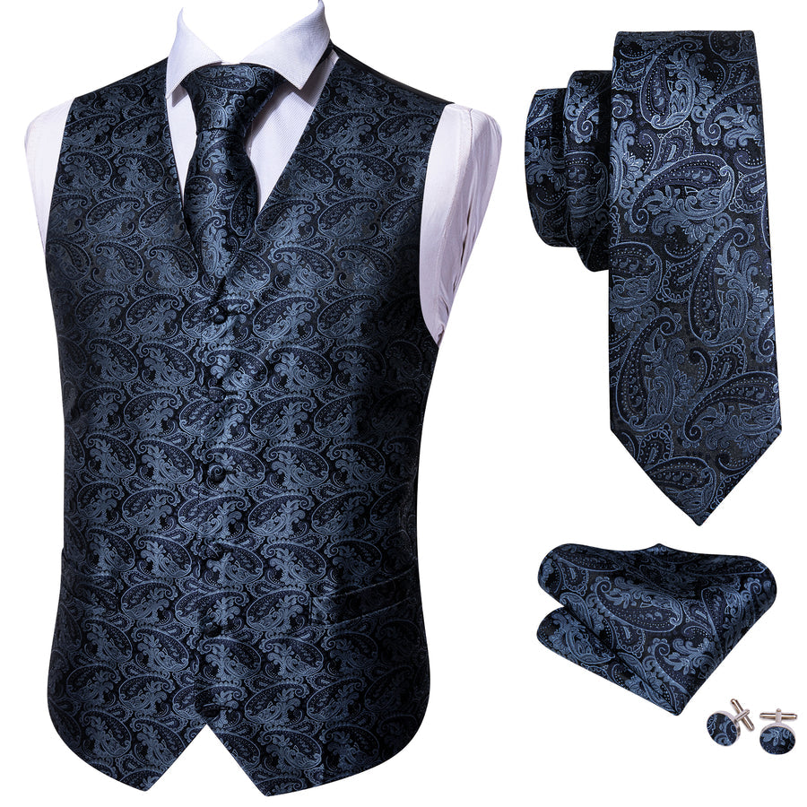 Dark Blue Paisley Jacquard Silk Vest Set vest set - Sophisticated Gentlemen