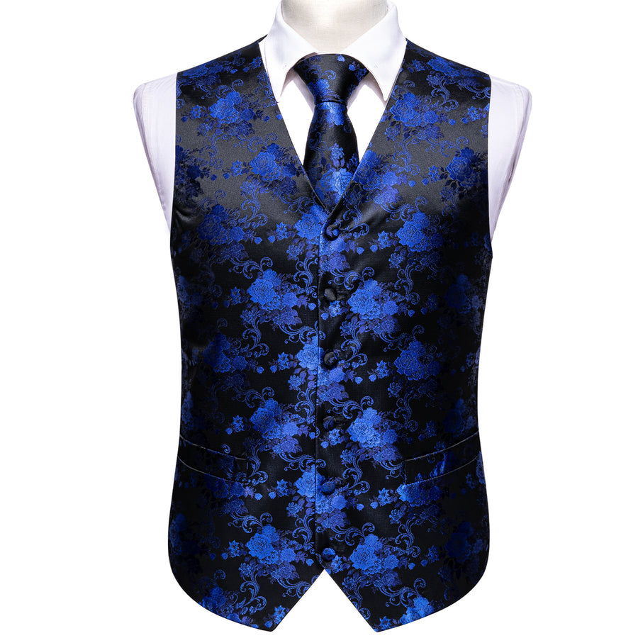 Black Blue Peony Floral Jacquard Silk Vest Set vest set - Sophisticated Gentlemen