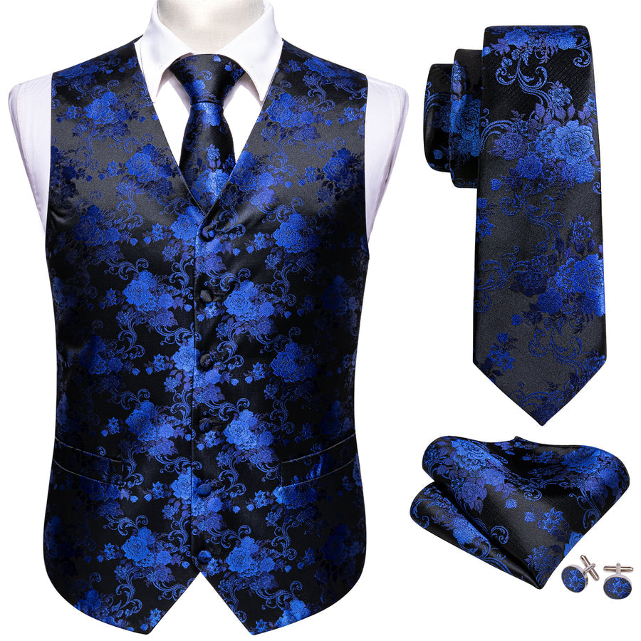 Black Blue Peony Floral Jacquard Silk Vest Set vest set - Sophisticated Gentlemen