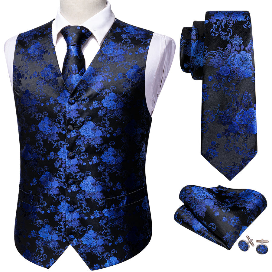 Black Blue Peony Floral Jacquard Silk Vest Set vest set - Sophisticated Gentlemen