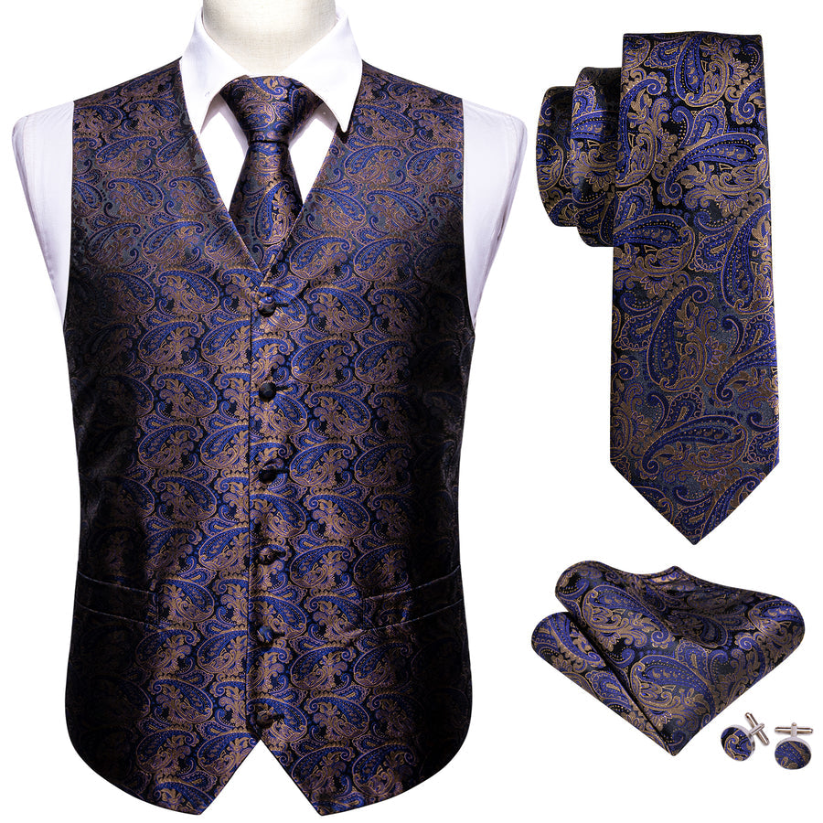 New Blue Brown Paisley Jacquard Silk Men's Vest Set vest set - Sophisticated Gentlemen