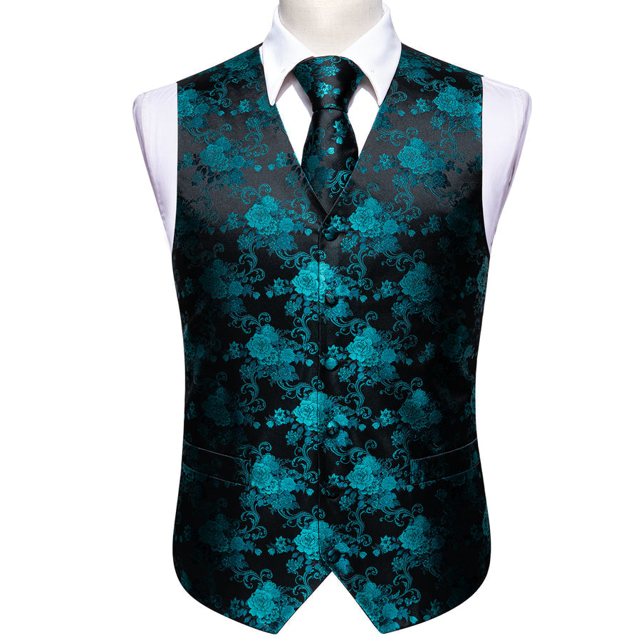 Black Lake Blue Peony Floral Jacquard Silk Vest Set vest set - Sophisticated Gentlemen