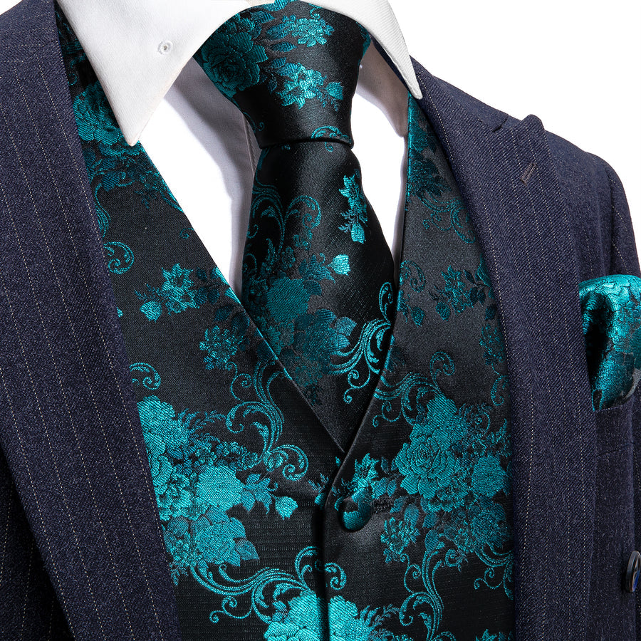 Black Lake Blue Peony Floral Jacquard Silk Vest Set vest set S (Chest 40") - Sophisticated Gentlemen