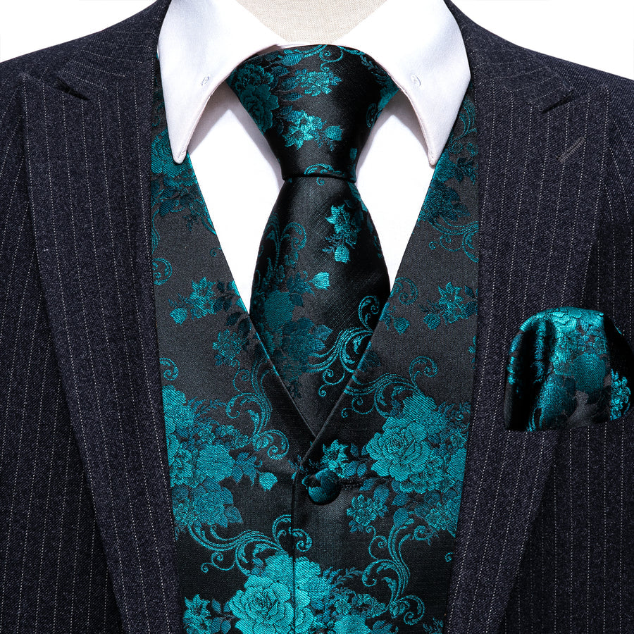 Black Lake Blue Peony Floral Jacquard Silk Vest Set vest set - Sophisticated Gentlemen