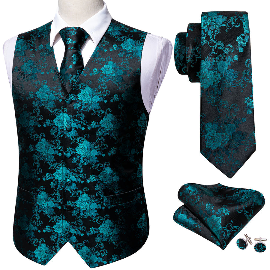 Black Lake Blue Peony Floral Jacquard Silk Vest Set vest set - Sophisticated Gentlemen